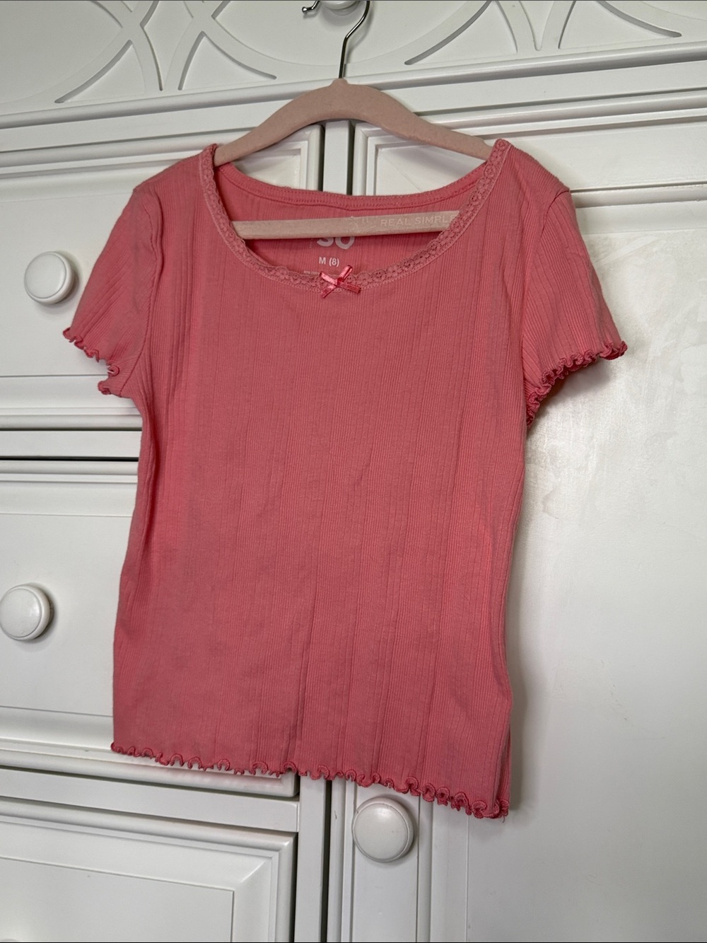 SO Pink Ribbed Short Sleeve Scoop Neck Tee with Bow